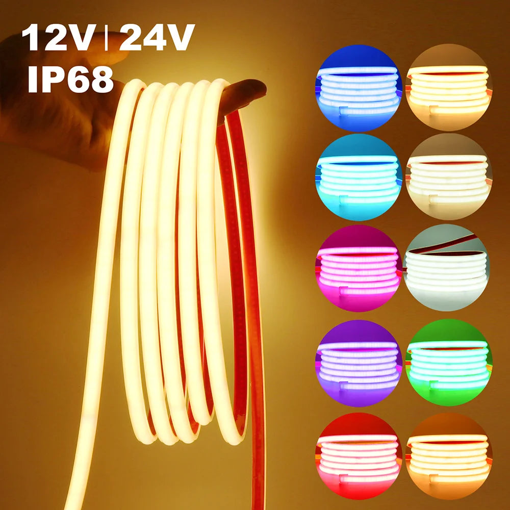 12V 24V COB Led Neon Strip Light Tape Waterproof IP68 320 LEDs Flexible Milk Tube Liner Lighting 10 Colors 0.5m 1m 2m 3m 4m 5m.