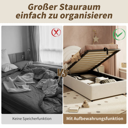 Polsterbett 90*200, Kinderbett, Einzelbett mit Lattenrost und Kopfteil, für Erwachsene und Jugendliche, Holzlatten, Baumwolle