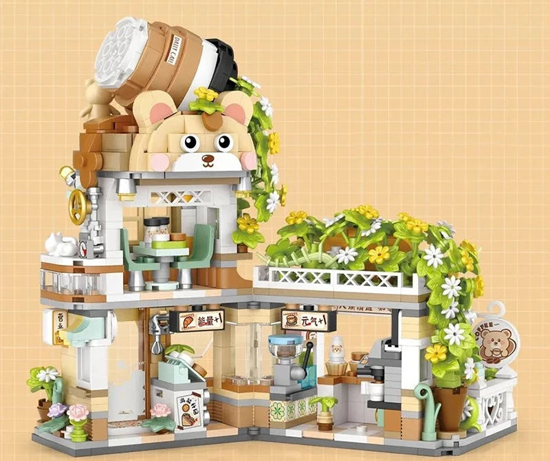 Street View Series Building blocks Izakaya Shaved Ice Shop Takoyaki Shop Coffee shop Panda Tea House model children's gift