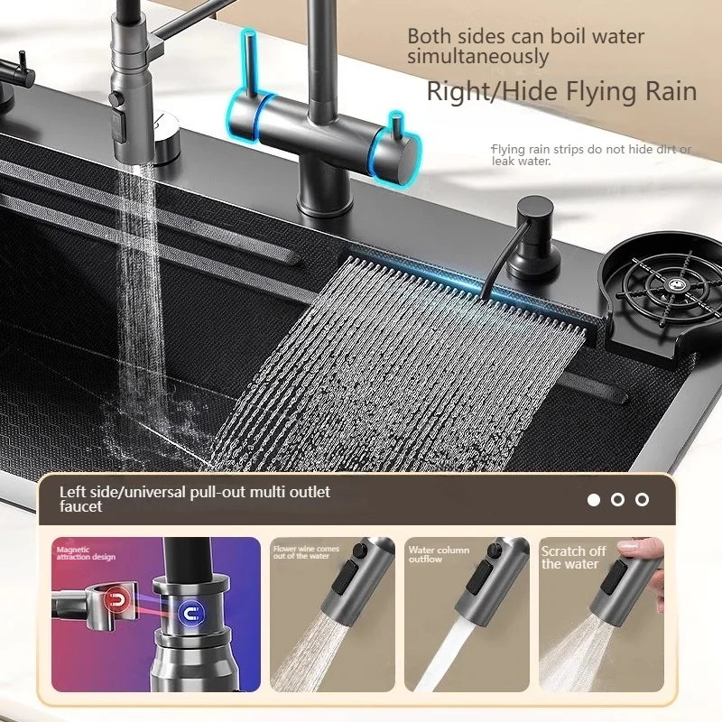 Stainless Steel Kitchen Sink With Waterfall Nano Embossed Large Single Slot Vegetable and Dishwashing Sinks Udermount Basin