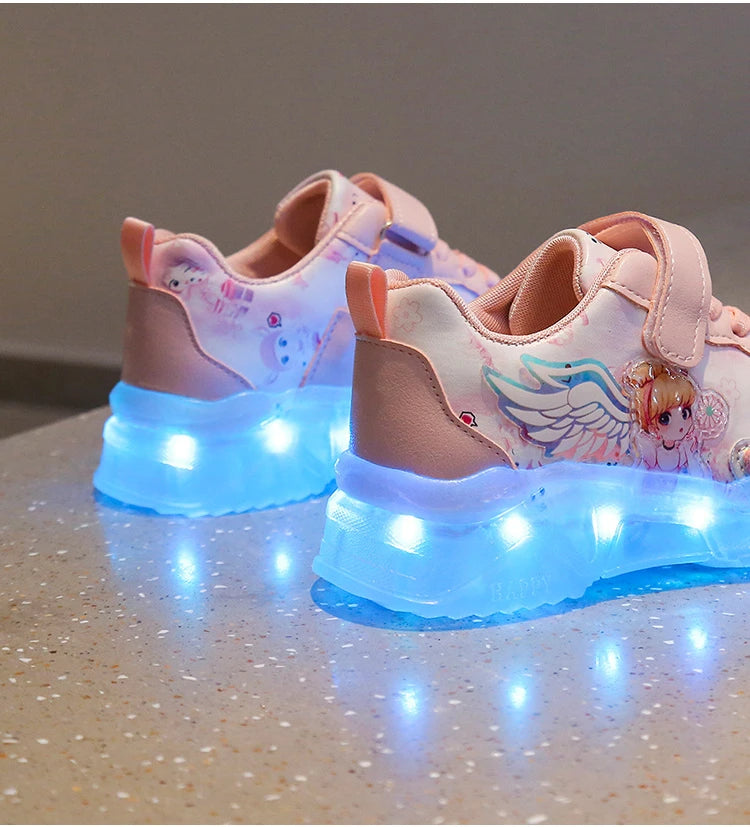 Disney Children's Casual Shoes LED Rechargeable Luminescent Shoes  Cartoon Princess Elsa Girls Pink Sports Sneakers Size 26-35.