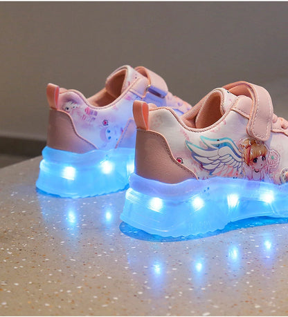 Disney Children's Casual Shoes LED Rechargeable Luminescent Shoes  Cartoon Princess Elsa Girls Pink Sports Sneakers Size 26-35.