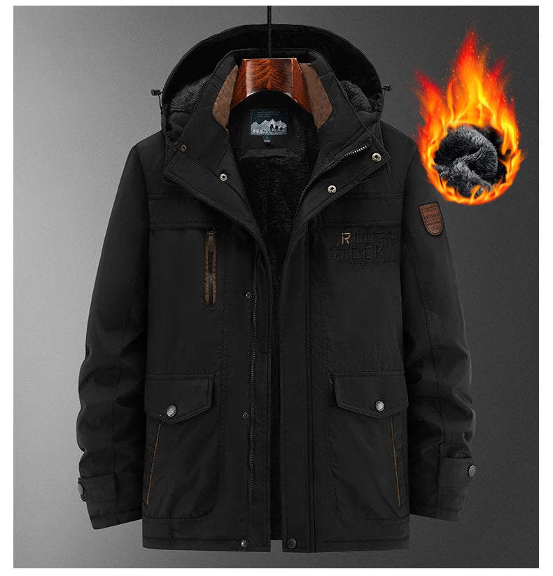 Thick Coat Winter Outdoor Running Sports Windproof Warm Fleece Hooded Cargo Jacket Men Removable Hood Thick Warm Fleece Jacket