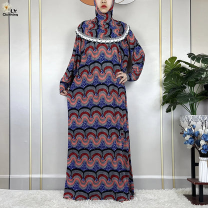 Muslim Ramadan Prayer For Women Long Sleeved Floral 2023Dubai Turkey Middle East Femme Loose Robe African Abayas Headscarf Dress.