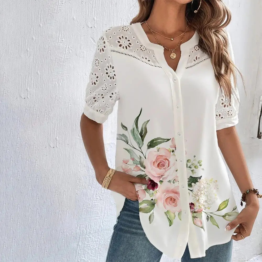 Temperament Casual Lace Woman Shirt Fashion Loose Shirt Woman Elegant Short Sleeve Blouse Holiday Weekend.