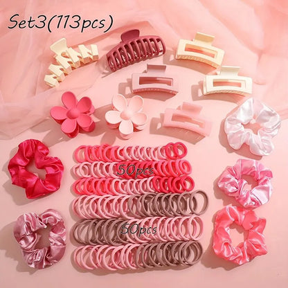 53-163Pcs Dopamine Fashion Elastic Colorful Band Hair Circles Flower Shaped Hair Accessory Grip For Women Daily Party Gift.