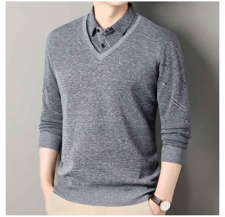 Men's Fleece Lining Sweater Autumn Winter Pullover Polo Shirt Collar Fake Two Piece Thick Warm Top Clothes Casual Knitwear.