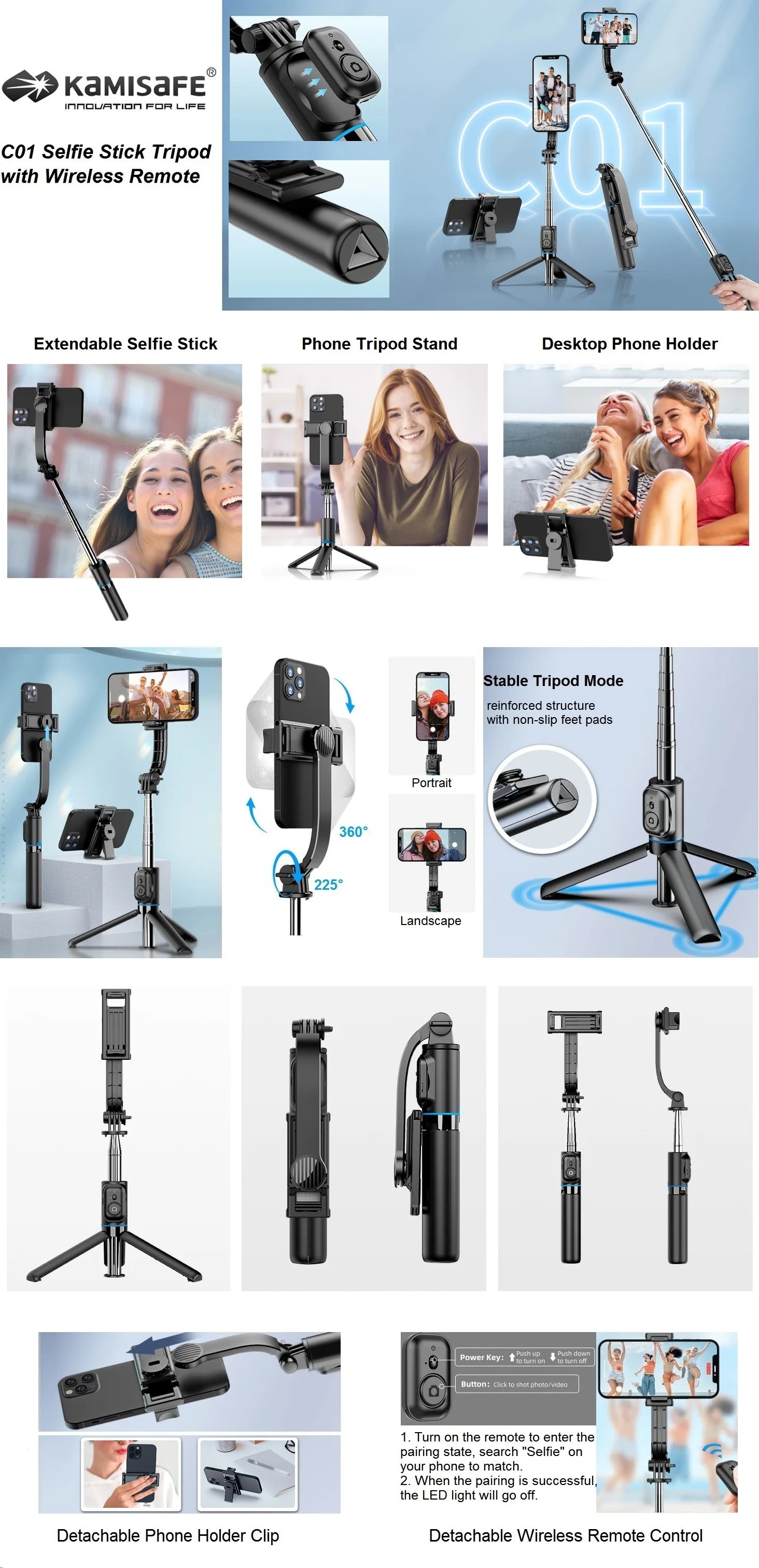 Selfie Stick with Tripod Stand and Remote, 42" Extendable Selfie Stick for iPhone 15 14 13 12 Pro Max Android Galaxy S23 S22.