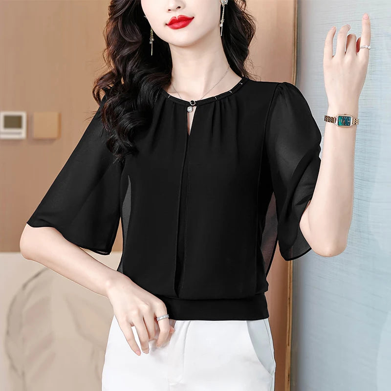 Summer Clothing Half Sleeve Chiffon Blouse 2025 New Fashion Loose Women Tops Solid Color Casual Pullovers Shirt.