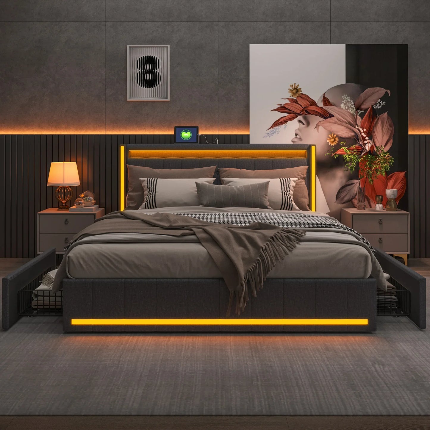 Lazyspace Leinen-Polsterbett mit 4 Schubladen, moderner Doppelbettrahmen mit LED-Beleuchtung und USB-Ladeanschluss, funktionelles Bett