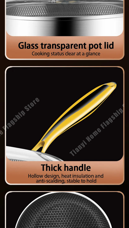 316 Stainless Steel Frying Pan Wok Non-stick Cooking Honeycomb Steak Gas Stove Pot Induction General Saucepan Kitchen Cookware