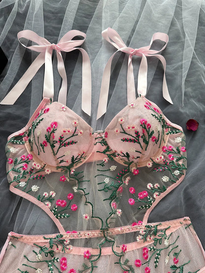 Sexy Pink Floral Embroidery Lingerie Bodysuit Hollow Out Strap Bow Tie Underwear Playsuit Backless Patchwork Mesh Erotic Romper.