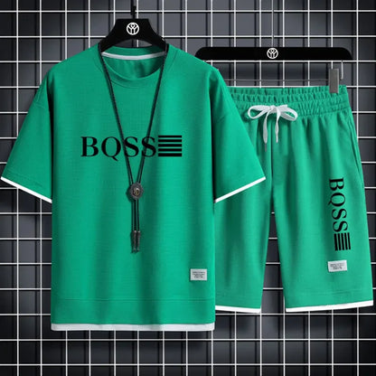 Summer fitness jogging loose sportwear set men's solid color short-sleeved casual T-shirt + shorts breathable two-piece set.