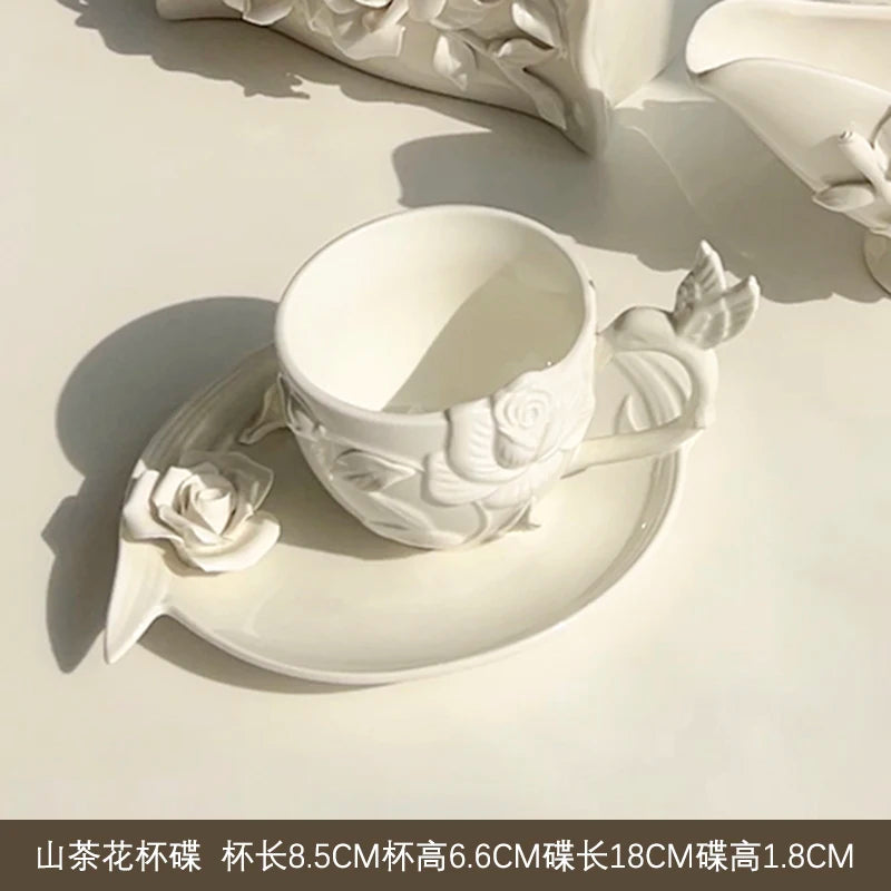 Vintage relief ceramic coffee set, hand-squeezed camellia afternoon tea set, tissue box, creative gift..