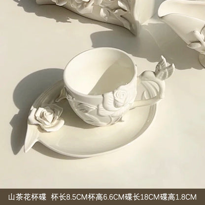 Vintage relief ceramic coffee set, hand-squeezed camellia afternoon tea set, tissue box, creative gift..