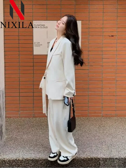 Women's Fashion Office Suit Set Casual Oversized Blazer And Wide Leg Pants Two-Piece Long Sleeve Top Bottoms Combo.