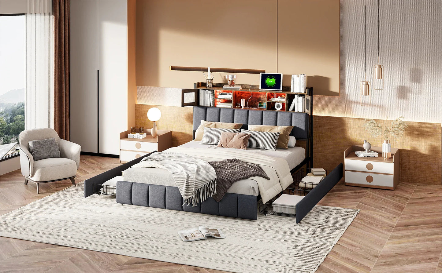 Rosahqnda Doppelbettgestell 140–160 x 200 cm mit LED, USB und Schubladen, gepolstertes Jugendbett, Wohnungsbett, Gästezimmer, Leinen, Grau