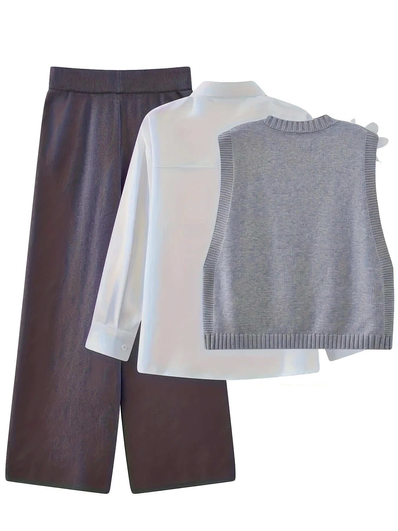 Herbst Winter Elegante Strickwaren 3-teiliges Damen-Pullover-Set Schicke weiße graue schwarze Strickjacke mit Schleifendetail Lässige gestrickte Hose mit weitem Bein