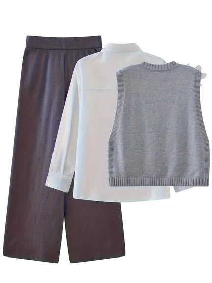 Herbst Winter Elegante Strickwaren 3-teiliges Damen-Pullover-Set Schicke weiße graue schwarze Strickjacke mit Schleifendetail Lässige gestrickte Hose mit weitem Bein