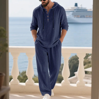 Cross-border Autumn Linen Men's Casual Suit Loose Hooded Henley Shirt Long Sleeve Pants Suit.