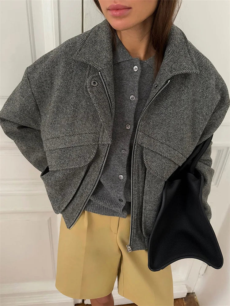 Tossy Autumn Grey Zipper Outwear Jackets Female Solid Loose Patchwork High Waist Cropped Top Coat Streetwear Women's Y2k Jackets.