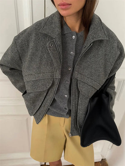 Tossy Autumn Grey Zipper Outwear Jackets Female Solid Loose Patchwork High Waist Cropped Top Coat Streetwear Women's Y2k Jackets.