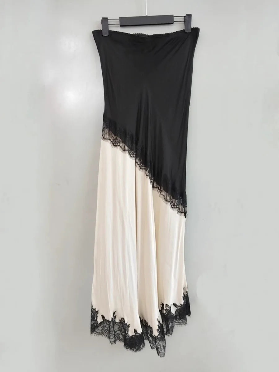 GALCAUR Hit Color Sheer Spliced Lace Elegant Skirts for Women High Waist Patchwork Split Temperament Skirt Female Fashion Style.