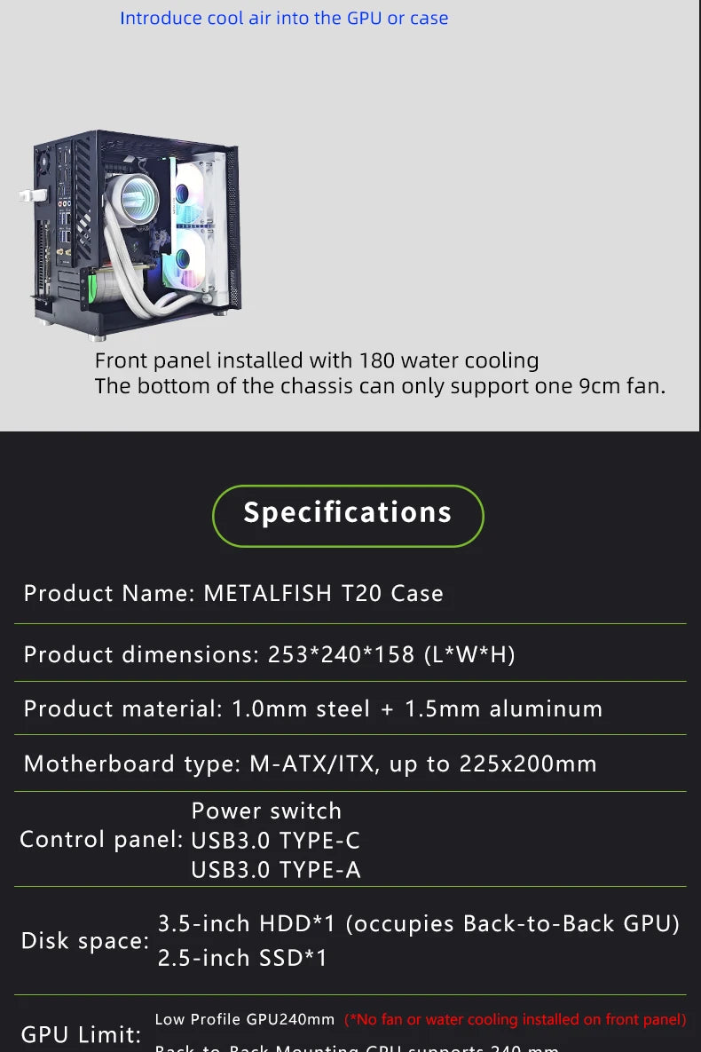 METALFISH T20 Mini ITX Case 9L Gaming Computer White Chassis Compact PC Support Flex PSU/100mm Cooler/180Liquid Cooler/240mm GPU.