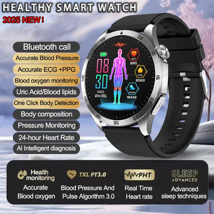 2025New Micro Physical Examination Blood Lipids Uric Acid Blood Pressure Smart Watch ECG+PPG Clock Bluetooth Call Smartwatch Men