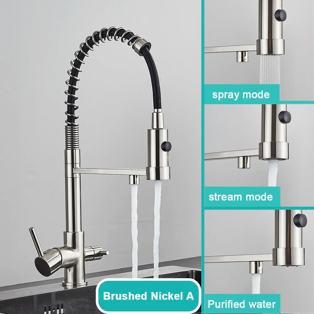 Gray Filtered Kitchen Faucet Dual Spout Hot Cold Mixer Purification Water Crane Filter Water Faucet Deck Mount