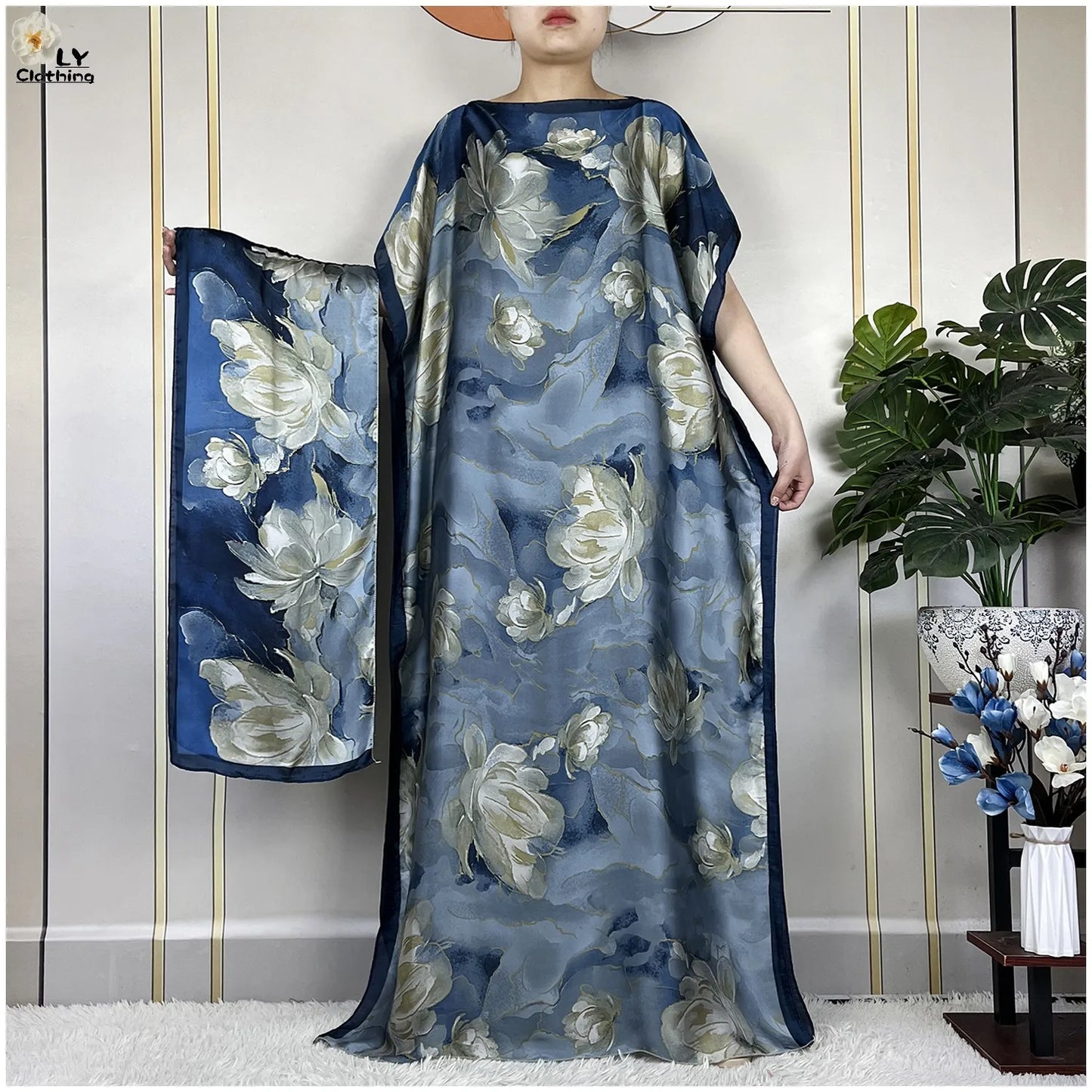 2024 New Dubai Summer Fashion For Women Printed Silk Soft Loose Femme Robe African Islam Maxi Woman Casual Dresses With Turban.