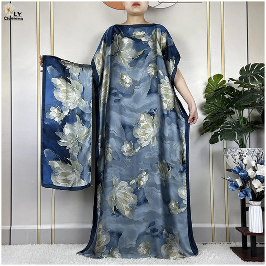 2024 New Dubai Summer Fashion For Women Printed Silk Soft Loose Femme Robe African Islam Maxi Woman Casual Dresses With Turban.