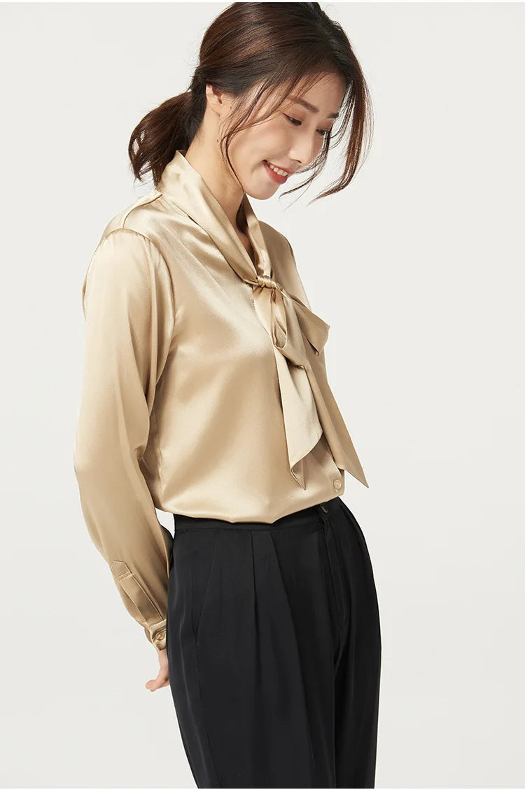 Heavyweight Mulberry Silk Shirt Women's 2025 Spring And Autumn New Long Sleeve Satin Silk Blouse V-neck Bow Ribbon Shirt