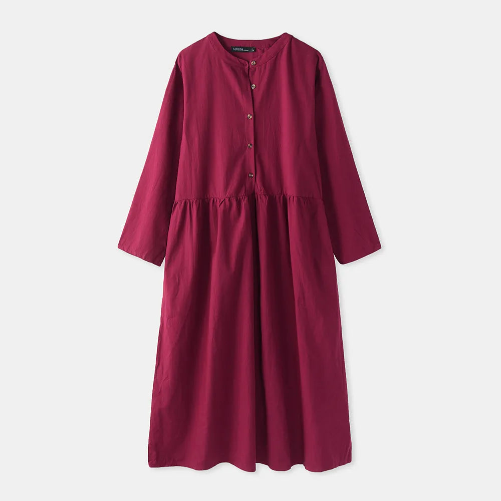 Women's Elegant Solid Cotton Robe Femme 2022 Spring Autumn Bohemian Maxi Dress ZANZEA Casual Long Sleeve Shirt Dresses Oversized.