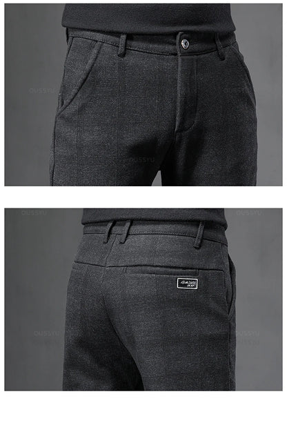 2025 New Spring Autumn England Plaid Work Stretch Pants Men Business Fashion Slim Grey Blue Casual Pant Male Brand Trousers 38