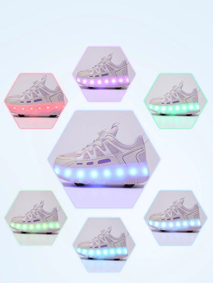 Children Four Wheels Luminous Glowing Sneakers Black Pink Led Light Roller Skate Shoes Kids Led Shoes Boys Girls USB Charging.
