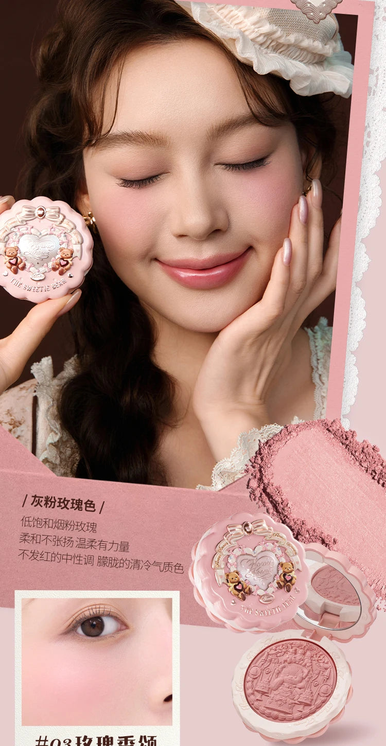 Flower Knows The Sweetie Bear Collection Satin embossed blush Lasting Matte Puffing Natural Brightening Facial Cosmetics 5g.