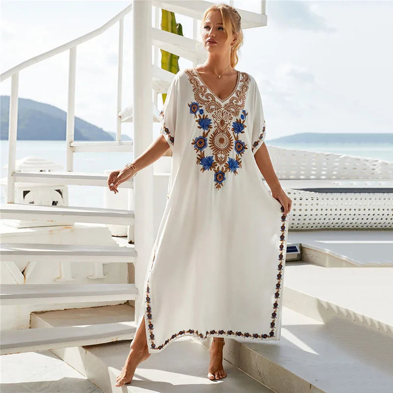 Women Embroidered Kaftan Dress Caftan Loungewear Long Bathing Suit Cover Up Beach Wear Vacation Outfit Loose Summer Women's Robe.