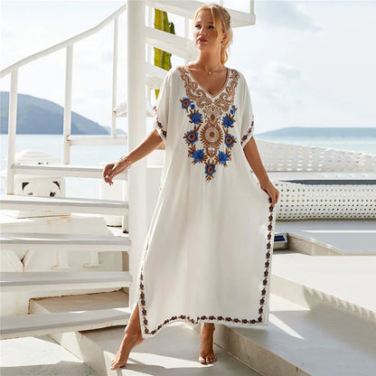 Women Embroidered Kaftan Dress Caftan Loungewear Long Bathing Suit Cover Up Beach Wear Vacation Outfit Loose Summer Women's Robe.