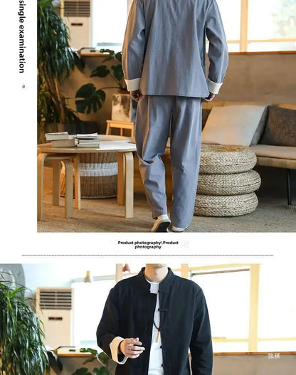 Traditional Chinese Men's Tang Suit Cotton Linen Ancient Costume Tea Servant Zen Meditation Clothing Middle Mountain Hanfu.