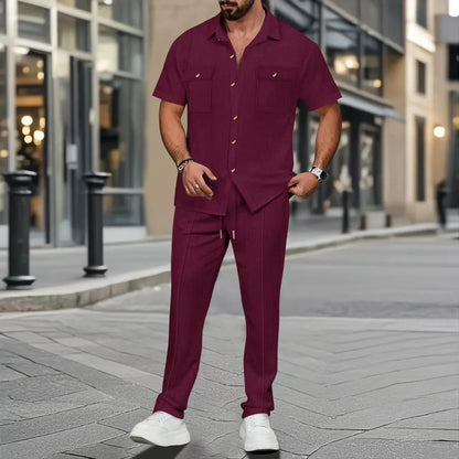 Men's Summer New Pure Color Button Pocket Shirt Short Sleeve Long Pants Two-Piece Set Independent Station Cross-Border.