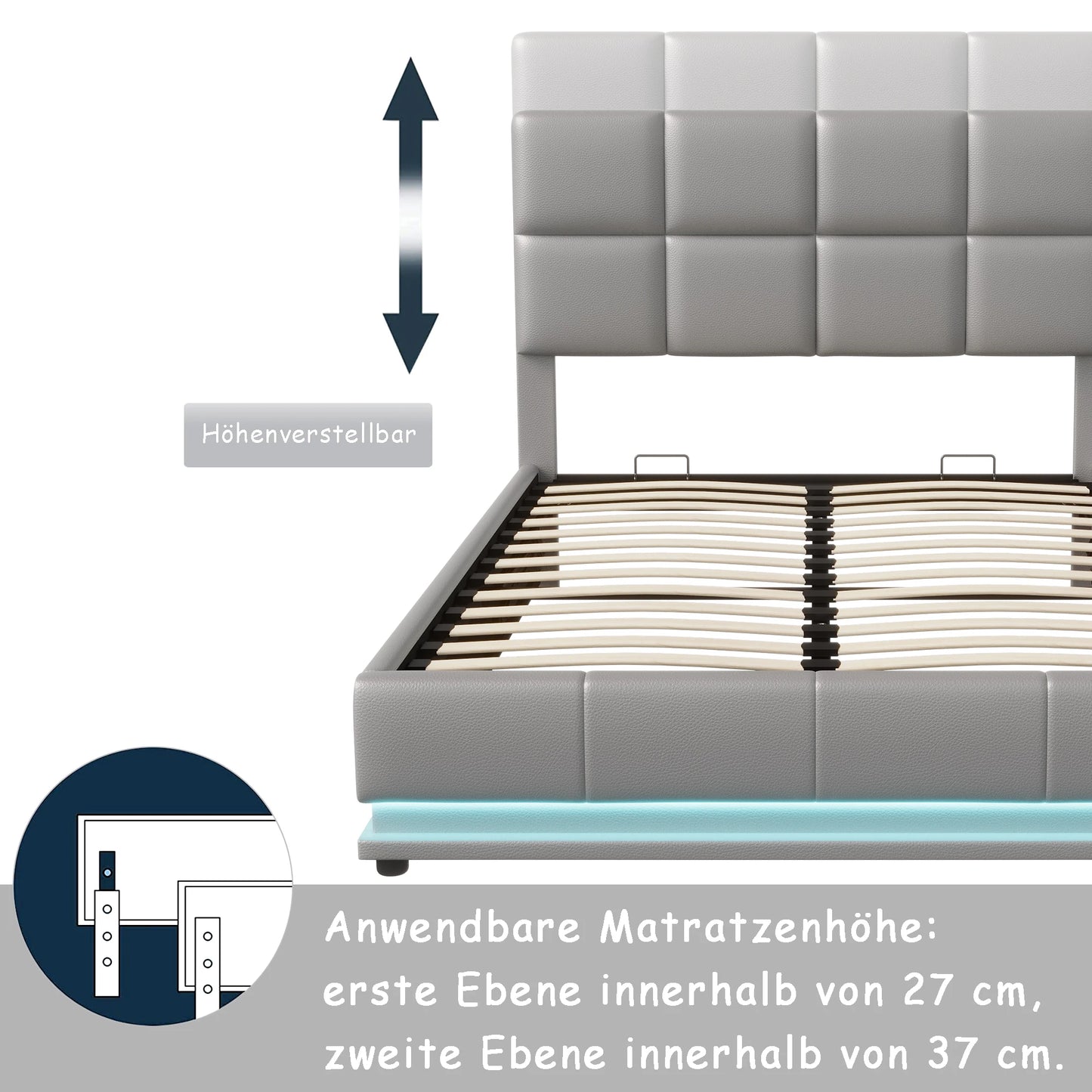 Anajqaqia Polsterbettgestell mit LED-Beleuchtung, 140 x 200 cm, mit hydraulischem Stauraum, Grau