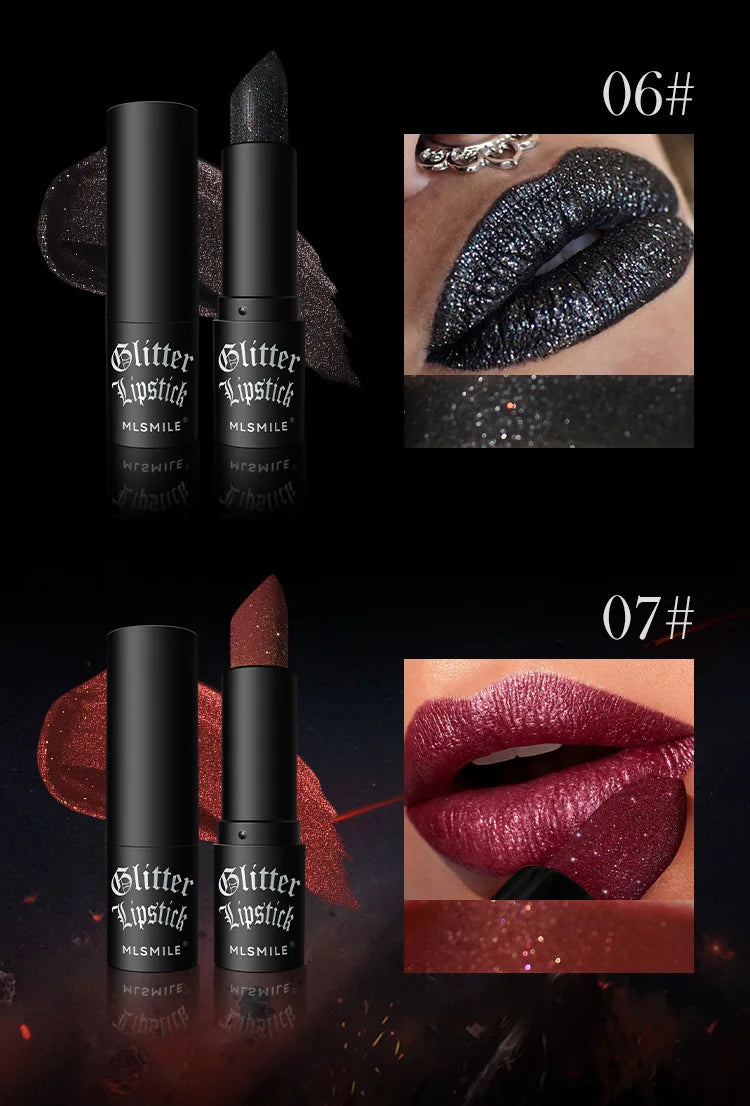 7Colors Glitter Lipstick Waterproof Long Lasting Diamond Pearlescent Metallic Lipstick Black Lipgloss Women Lips Makeup Cosmetic.