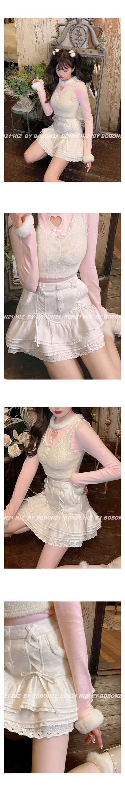Japanese lolita kawaii clothes pink mini skirt with shorts Lace High Waist korean style women 2025 new fall White skirt fluffy.