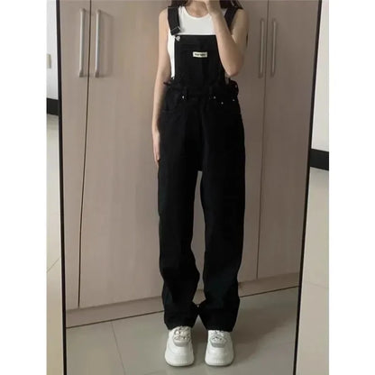 High Waist Wide Leg Jumpsuit Jeans Thin Strap Pants Korean Style Winter New Women's Loose Fit Trousers by None( AE Stock).