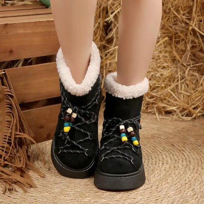 Chunky Platform Non Slip Furry Snow Boots Women 2025 Winter Soft Thick Bottom Warm Plush Ankle Boots Colorful Bead Lace Up Shoes