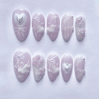 24pcs Sweet False Nail Patches Detachable Fake Nail Tips With Bowknots Love Heart Pearl Design Pink Almond Korean Press On Nail
