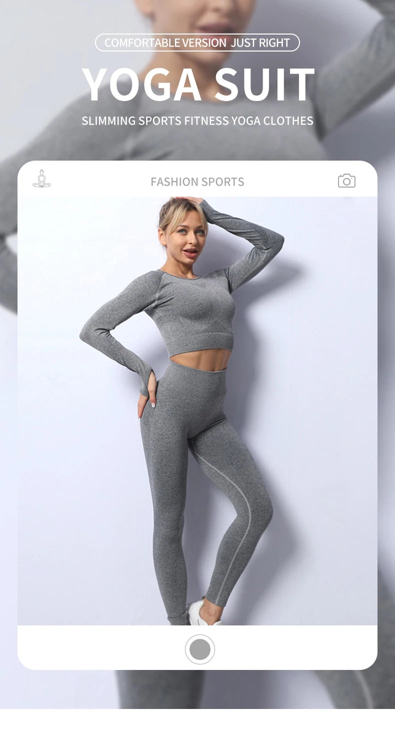 Women Yoga 2 Pieces Workout Outfits Seamless High Waist Leggings Sports Crop Top Running Clothes Sets.