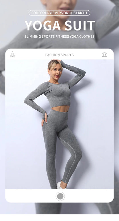 Women Yoga 2 Pieces Workout Outfits Seamless High Waist Leggings Sports Crop Top Running Clothes Sets.