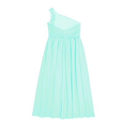 Mädchen Hochzeit Brautjungfer Kleid One Shoulder Elegante Guipure-Spitze Geraffte Chiffon Maxi Party Kleider Geburtstag Abend Abendkleid